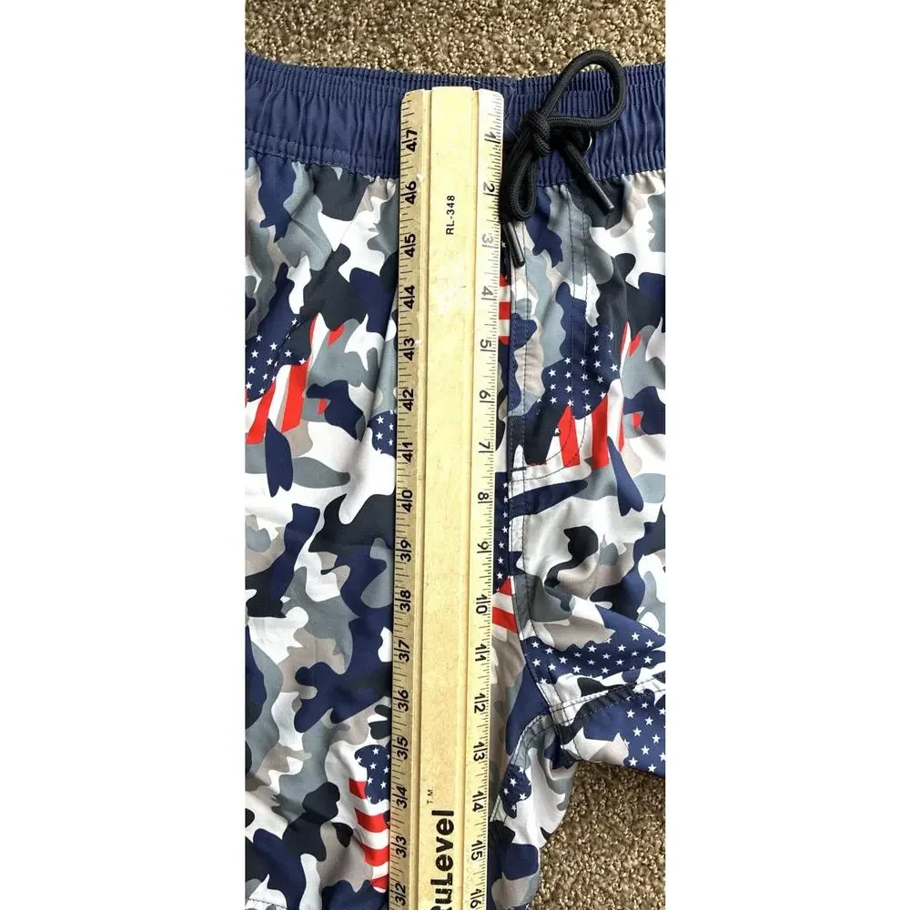 Red Wht Blue Americana Mens L Red Drawstring Elastic 250th BDAY Swim Trunk Mesh
